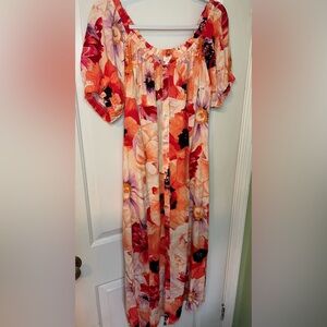 H&M Crêped Off-the-shoulder Light Orange and Floral Dress - Size Large